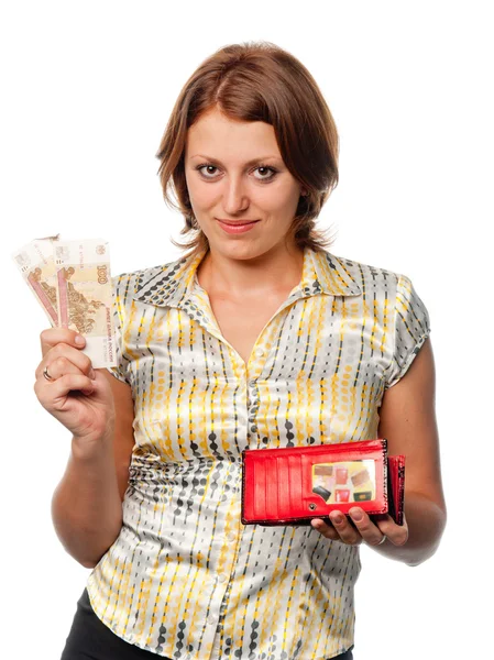 Lány a pénztárca és a pénz a kezében — Stock Fotó