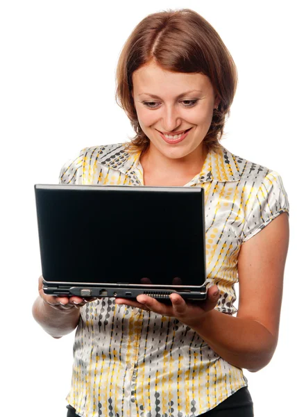 Leende flicka med bärbar dator — Stockfoto
