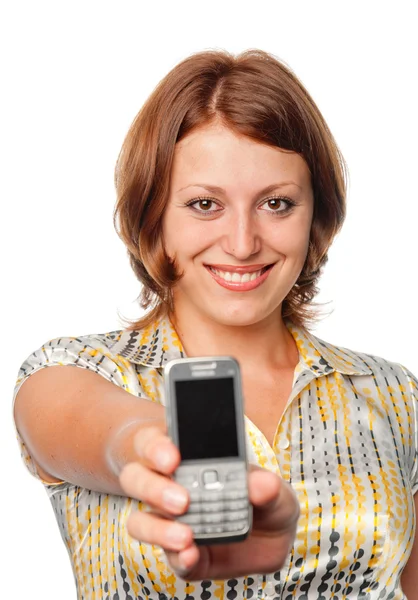 Усміхнена дівчина з мобільним телефоном — стокове фото