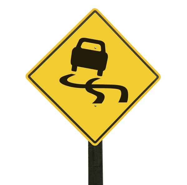 Gelbes, rutschiges Verkehrszeichen, isolierter, abknickender Weg. — Stockfoto