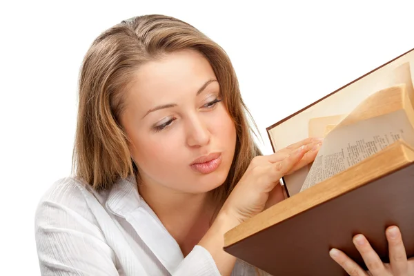 Beautiful blonde student woman with book — Stock Photo, Image