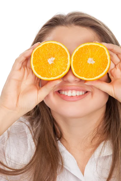 Szőke és aranyos lány narancssárga — Stock Fotó