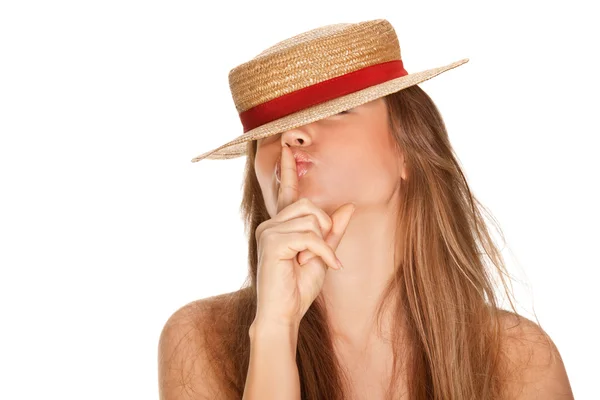 Mujer rubia y sombrero de paja con cinta roja —  Fotos de Stock