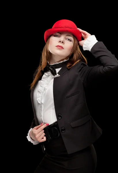 Πορτρέτο της όμορφης κοπέλας με κόκκινο καπό — Φωτογραφία Αρχείου