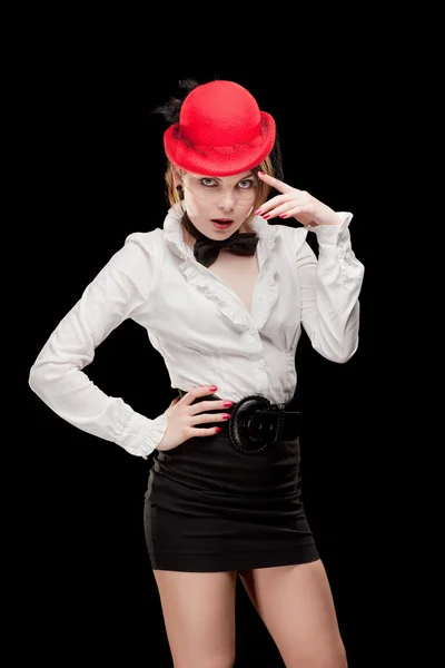 Portrait of a pretty young woman with red bonnet — Stock Photo, Image
