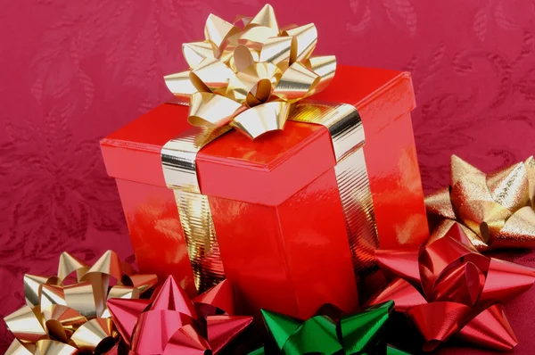 Red Christmas Gift Box Gold Ribbon Colorful Bows
