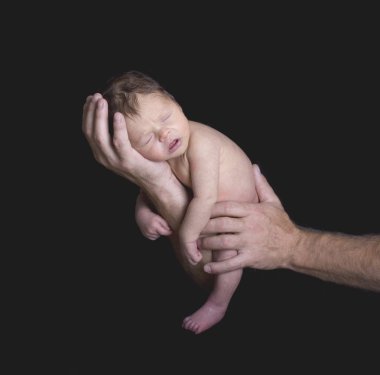 Newborn Cradled in Father's Hands & Arms clipart