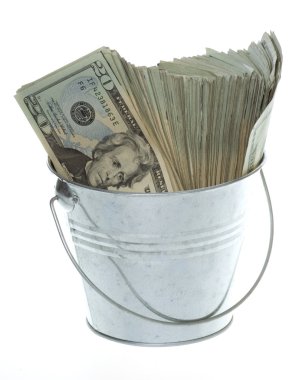 Twenty Dollar Bills in Silver Bucket clipart