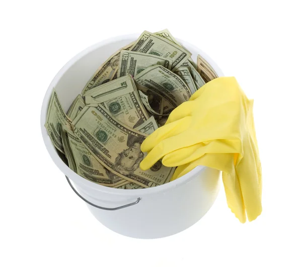 Twenty Dollar Bills in White Cleaning Bucket with latex gloves — Stock Photo, Image