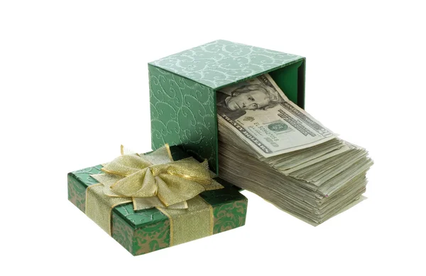 Twenty Dollar Bills Coming out of a Green Gift Box — Stock Photo, Image
