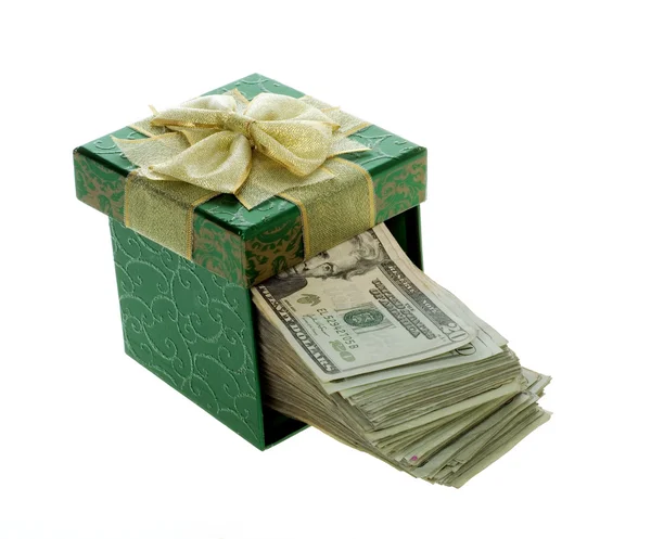 Twenty Dollar Bills Coming out of a Green Gift Box — Stock Photo, Image