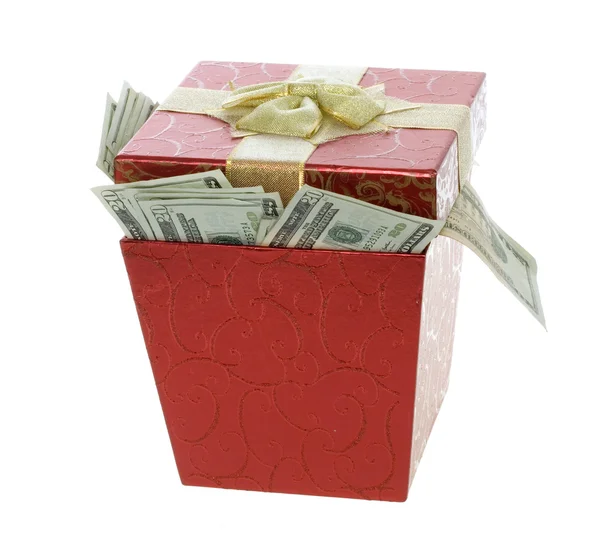 Vinte dólares de contas saindo de uma caixa de presente vermelha — Fotografia de Stock