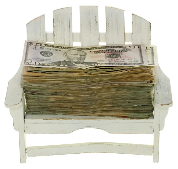 Big Stack of Twenty Dollar Bills in a Chair: Vacation Money — Stock Photo, Image
