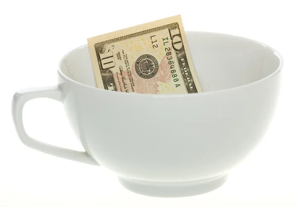 Ten Dollar Bill in a White Coffee Mug — Stock Photo, Image