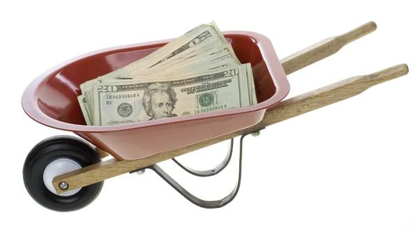Twenty Dollar Bills in Red Wheelbarrow — Stock Photo, Image