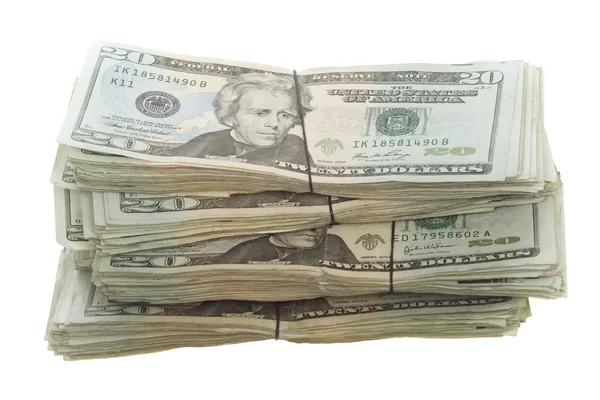 Cuatro grupos de billetes de veinte dólares apilados y agrupados juntos — Foto de Stock