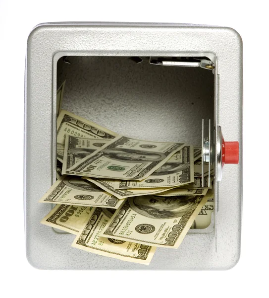 One Hundred Dollar Bills Coming Out of an unlocked, open Safe — Stock Photo, Image