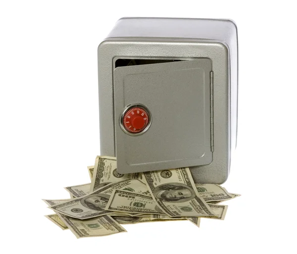 One Hundred Dollar Bills Coming Out of an unlocked, open Safe — Stock Photo, Image