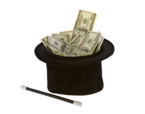 Εκατό δολαρίων λογαριασμούς σε ένα μαγικό καπέλο με το ραβδί Royalty Free Εικόνες Αρχείου