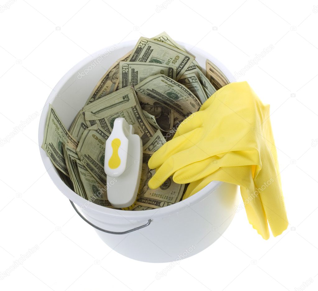Twenty Dollar Bills in Cleaning Bucket with scrub brush and gloves