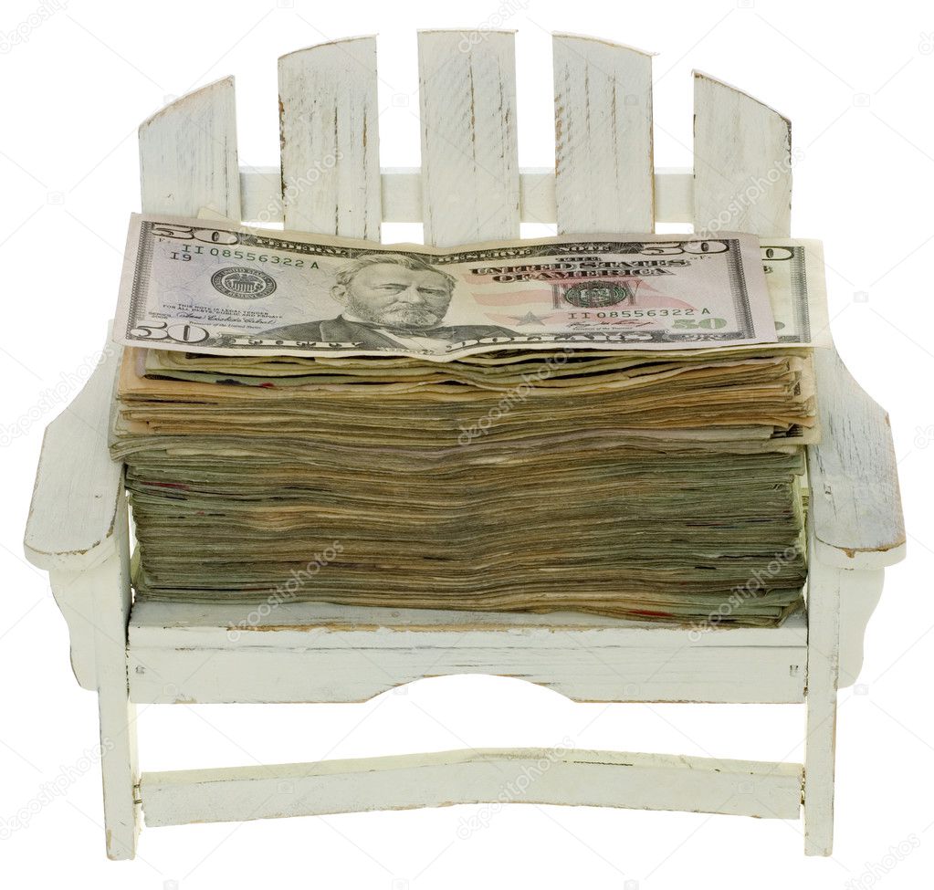 Big Stack of Twenty Dollar Bills in a Chair: Vacation Money
