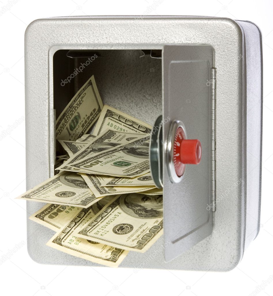 One Hundred Dollar Bills Coming Out of an unlocked, open Safe