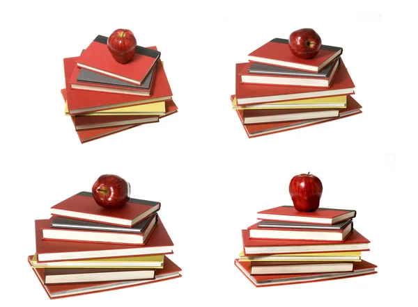 Μοντάζ των 4: κόκκινο μήλο στην κορυφή βιβλία — Φωτογραφία Αρχείου