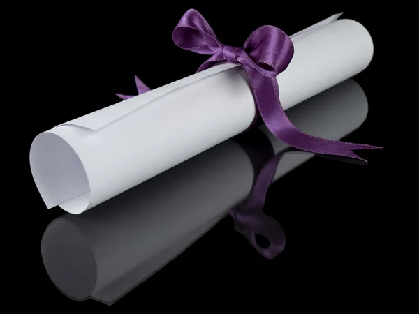 Diploma with violet ribbon — Stock Photo, Image