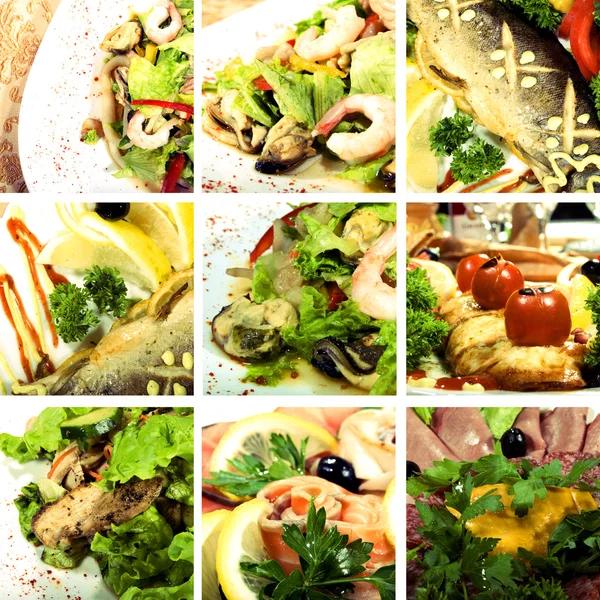 Collection of seafood and meat dishes — Stock Photo, Image