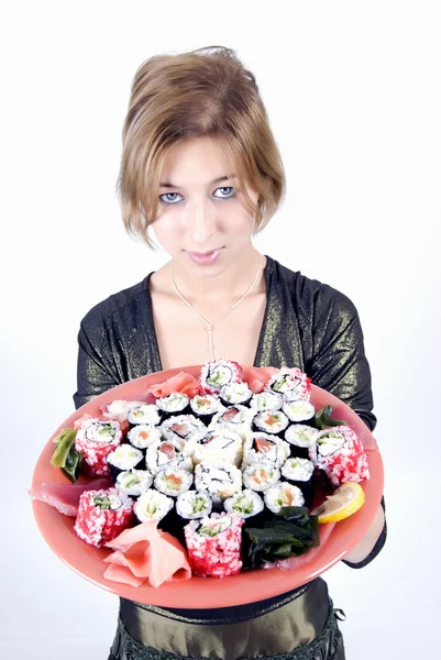Chica Tractiva Con Sushi Apetitoso Conjunto — Foto de Stock