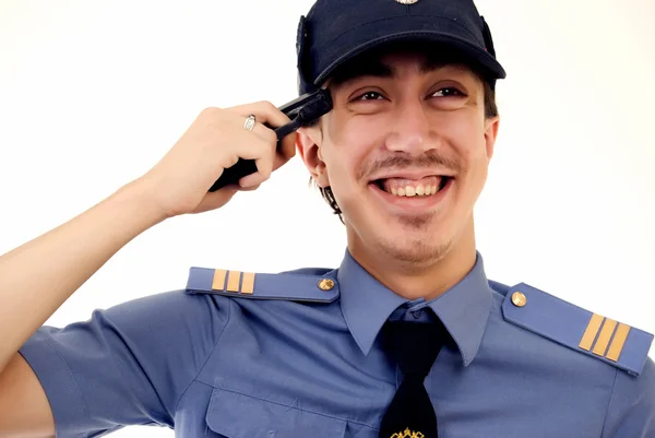 Mladý Smějící Policista Pistolí — Stock fotografie