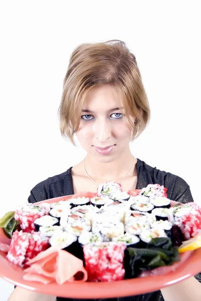 Attractive Girl Appetizing Sushi Set — Stock Photo, Image