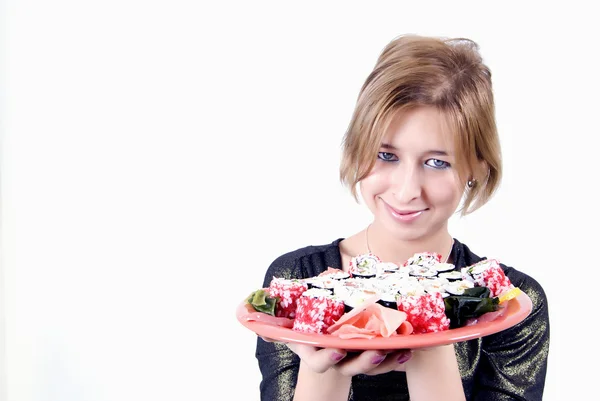 Aantrekkelijk Meisje Met Smakelijke Sushi Set — Stockfoto