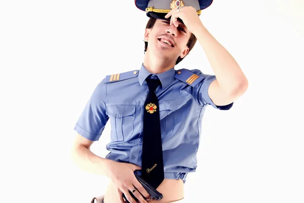 Jonge Lachende Politieman Geïsoleerd Wit — Stockfoto