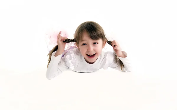 Beautiful Little Girl Plaits Being Full Joy — Stock Photo, Image