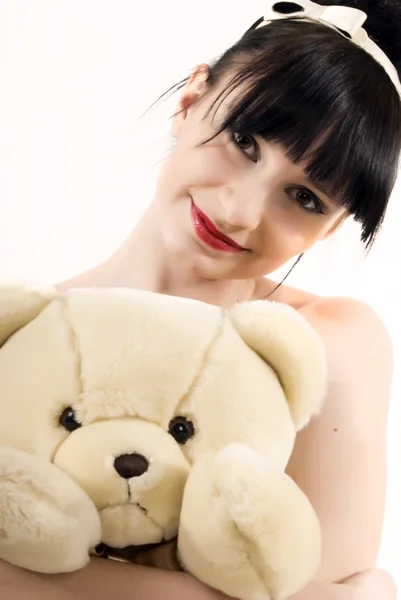Young Brunette Teddy Bear Isolated White — Stock Photo, Image