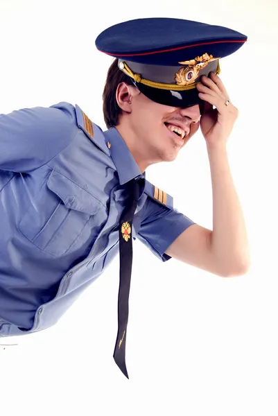 Αστυνομικός Γελώντας Που Απομονώνονται Λευκό — Φωτογραφία Αρχείου