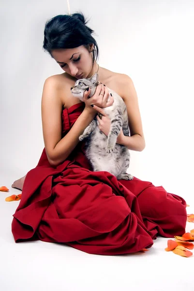 Όμορφη γυναίκα με γάτα — Φωτογραφία Αρχείου