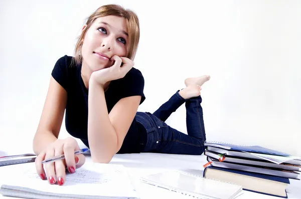 Jonge Vrouwelijke Student Die Ijverig Studeert — Stockfoto