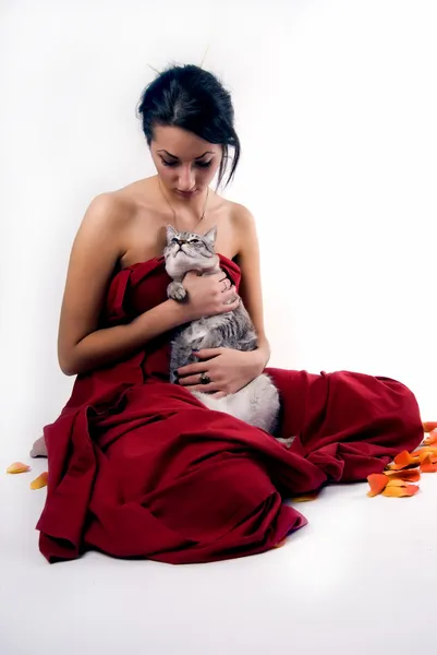Joven hermosa morena cuidando del gato —  Fotos de Stock