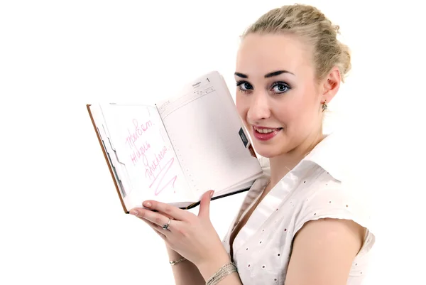 年轻漂亮的女孩与她的笔记本 — 图库照片