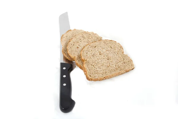 Tři plátky chleba s nožem — Stock fotografie