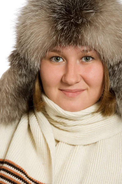 stock image Portrait of woman in fur-cap