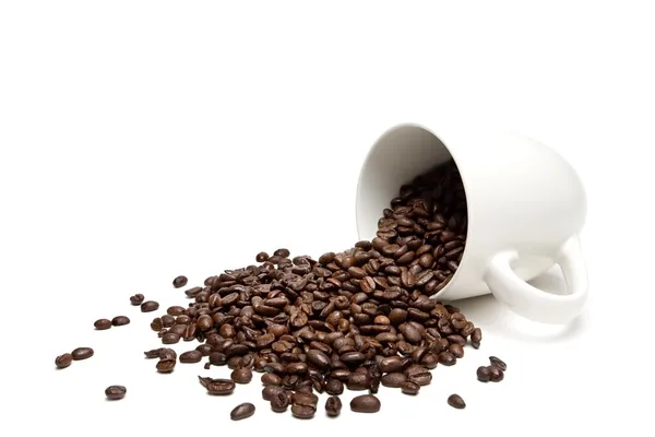 Verschüttete Kaffeebohnen isoliert auf weiß Stockbild