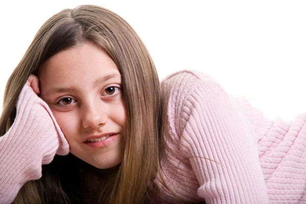 Lächelndes junges Mädchen isoliert auf weiß Stockfoto