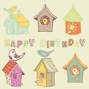 Starling-houses. birthday card clipart