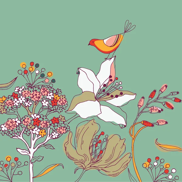 Λουλούδι φόντο με πουλί — Διανυσματικό Αρχείο