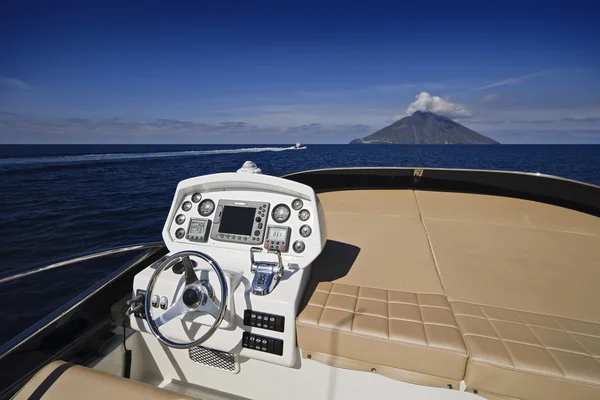 stock image Italy, Sicily, Stromboli Island, luxury yacht, flybridge