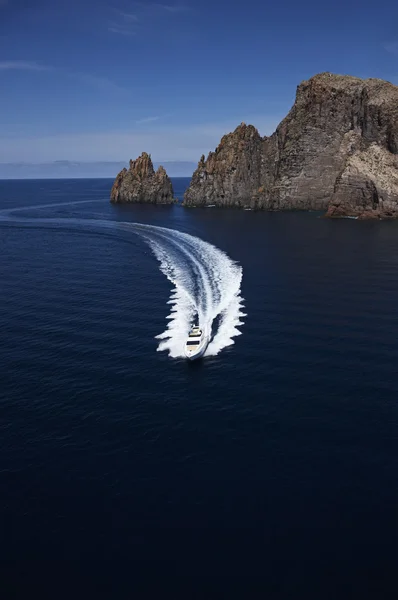 Italy, Sicily, Panarea Island, luxury yacht, aerial view — Stock Photo, Image