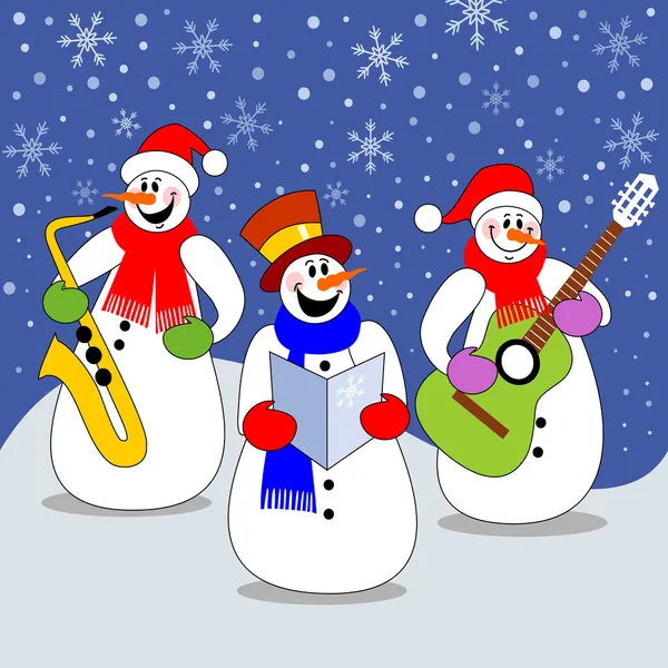 Τρεις ομάδα χιονάνθρωπος παίζοντας Χριστουγεννιάτικη μουσική — Διανυσματικό Αρχείο